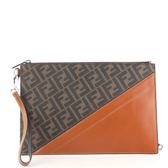 Fendi Zip Flat Wristlet Pouch Zucca Canvas and Leather Medium