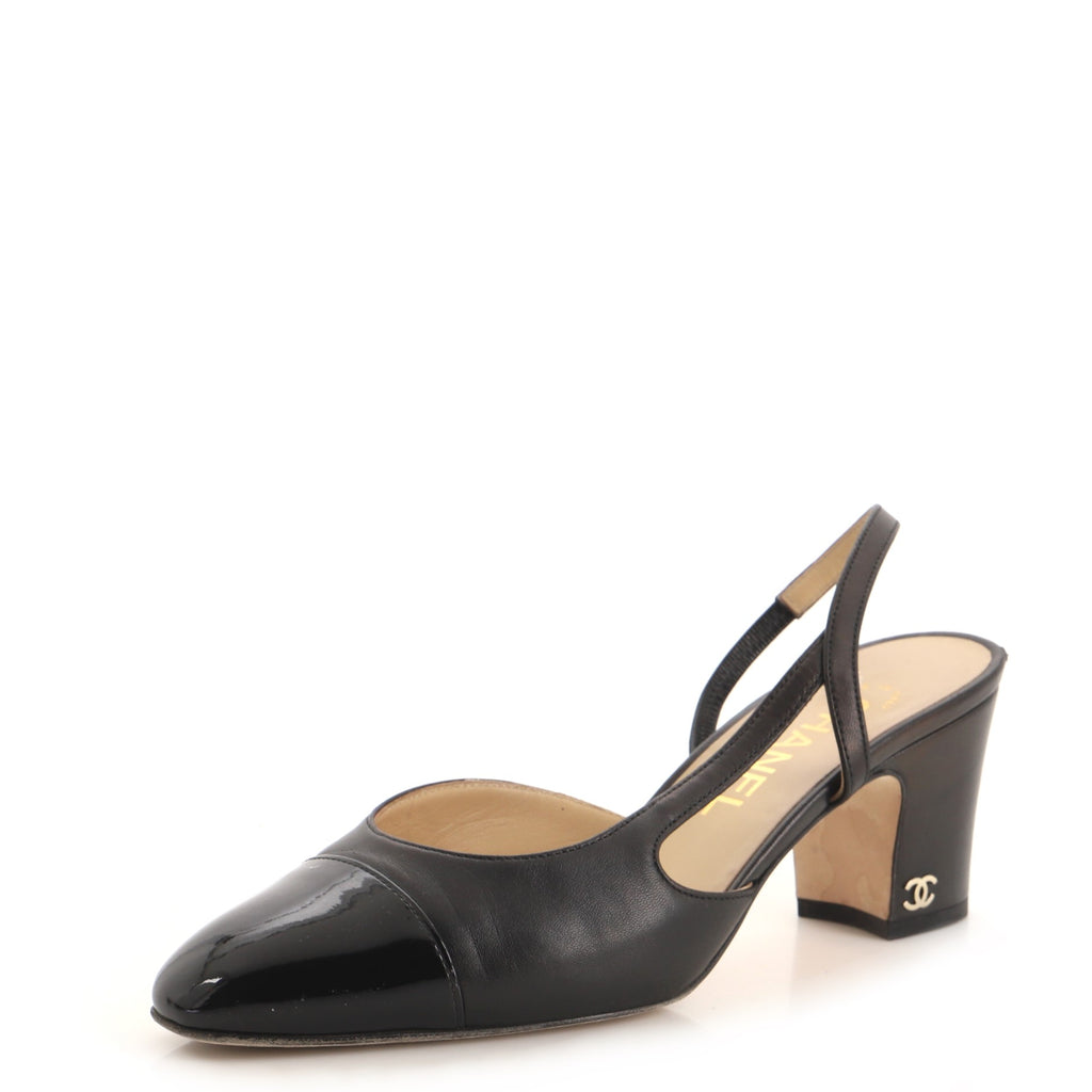 Chanel Black Leather and Fabric Cap-Toe D'orsay Slingback