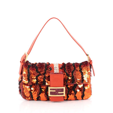 Fendi Baguette Shoulder Bag Beaded Satin with Crystals Orange 1829802