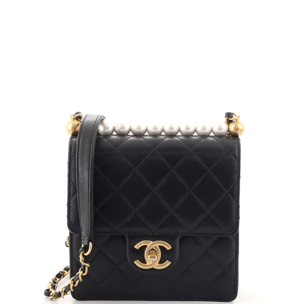Chanel Chic Pearls Flap Quilted Calfskin Leather Shoulder Bag Black
