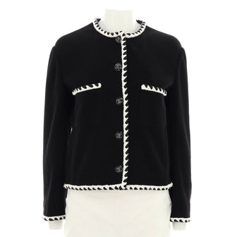 Chanel Women's Braided Edge Double Pocket Collarless Button Jacket Cotton Tweed