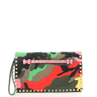 Valentino Garavani Rockstud Flap Clutch Camo Leather and Canvas