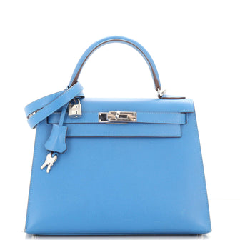 Hermes Kelly Handbag Blue Epsom with Palladium Hardware 28