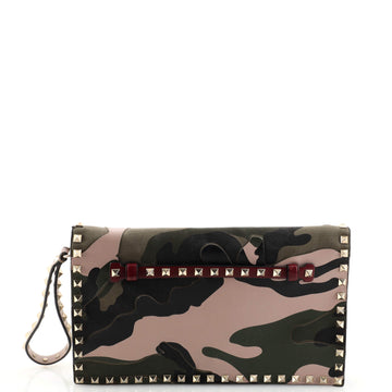Valentino Garavani Rockstud Flap Clutch Camo Leather and Canvas