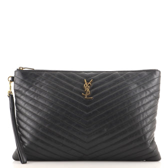 Saint Laurent Classic Monogram Wristlet Pouch Matelasse Chevron Leather Large