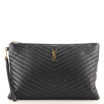 Saint Laurent Classic Monogram Wristlet Pouch Matelasse Chevron Leather Large