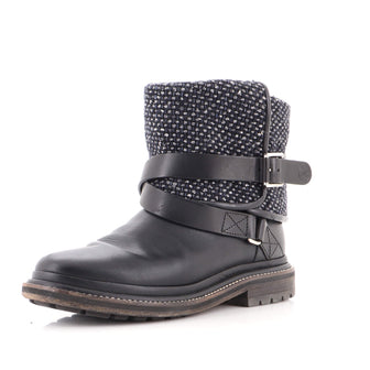 Chanel Women's Fold Over Moto Boots Leather and Tweed