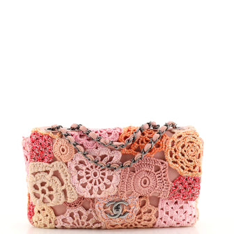 Chanel Pink Flower Multi Color Crochet Leather Medium Evening Shoulder Flap  Bag