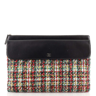Chanel Pocket Zip Pouch Quilted Lambskin with Tweed Large