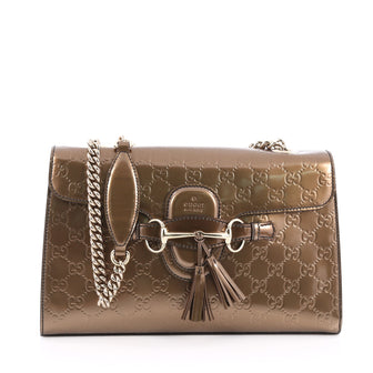 Gucci Emily Chain Strap Flap Bag Guccissima Patent Medium Brown