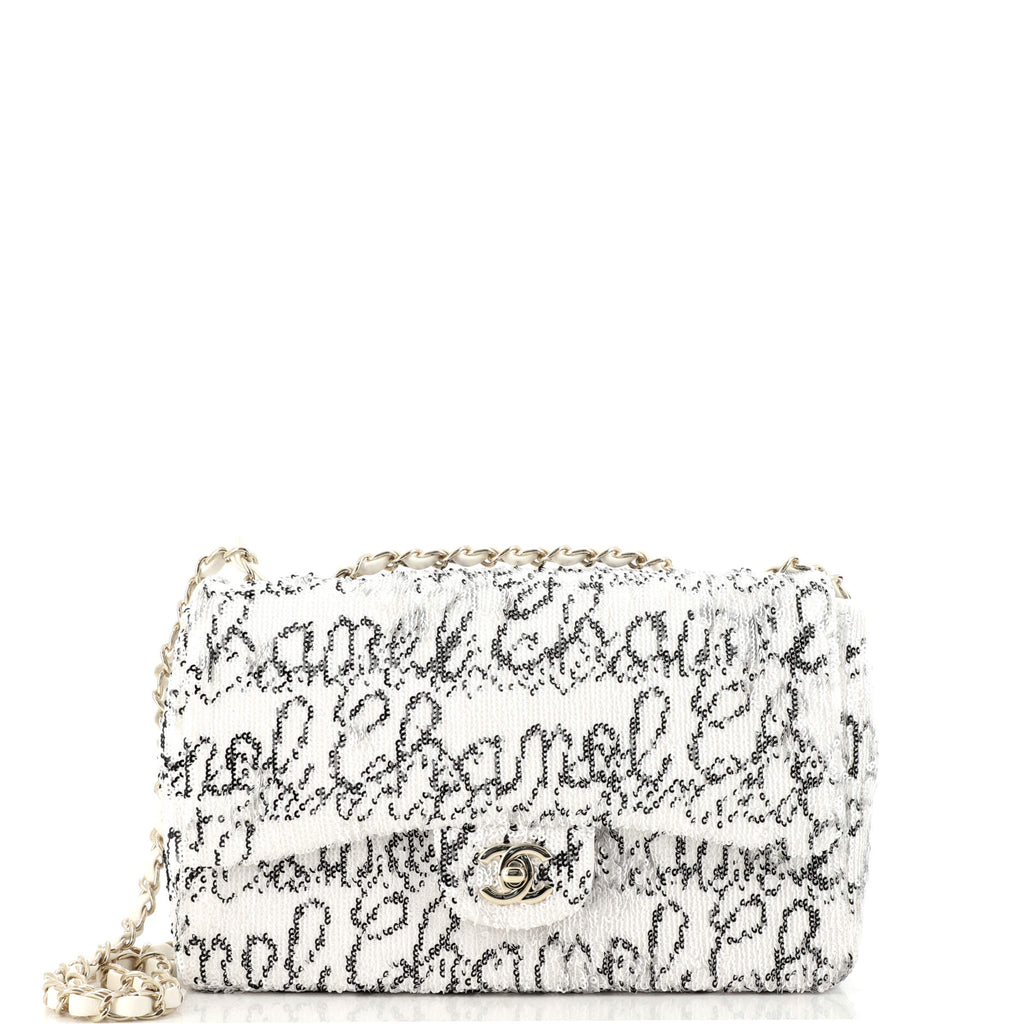 Chanel Classic Single Flap Bag Logo Signature Sequins Medium White 1841001