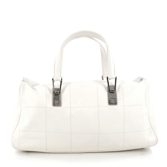 Chanel Square Stitch CC Boston Bag Quilted Leather Large White