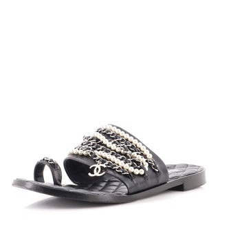 Chanel Women's Chain and Pearl Slipper Sandals Leather with Metal and Faux Pearls