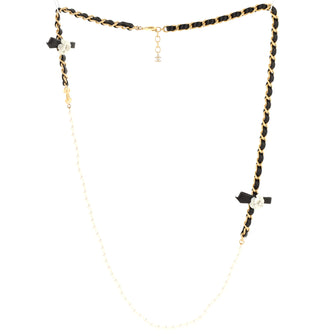 Chanel CC Camellia Long Necklace Metal with Leather and Faux Pearls
