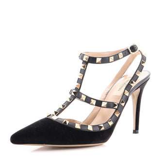 Valentino Garavani Women's Rockstud Caged Ankle Strap Pumps Suede 100