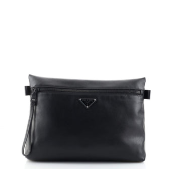 Prada Logo Zip Pocket Pouch Leather Medium