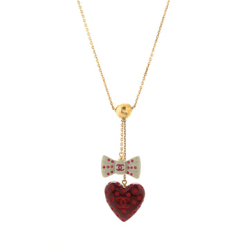 Chanel Dotted Heart and Ribbon Pendant Necklace Metal with Enamel