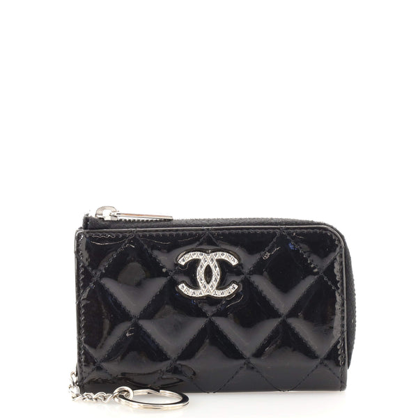 CHANEL BLACK PATENT LEATHER QUILTED ZIP AROUND COIN PURSE