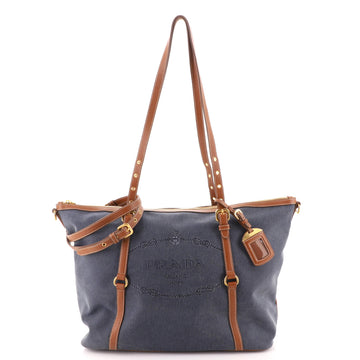 Prada Logo Convertible Tote Denim with Leather Large