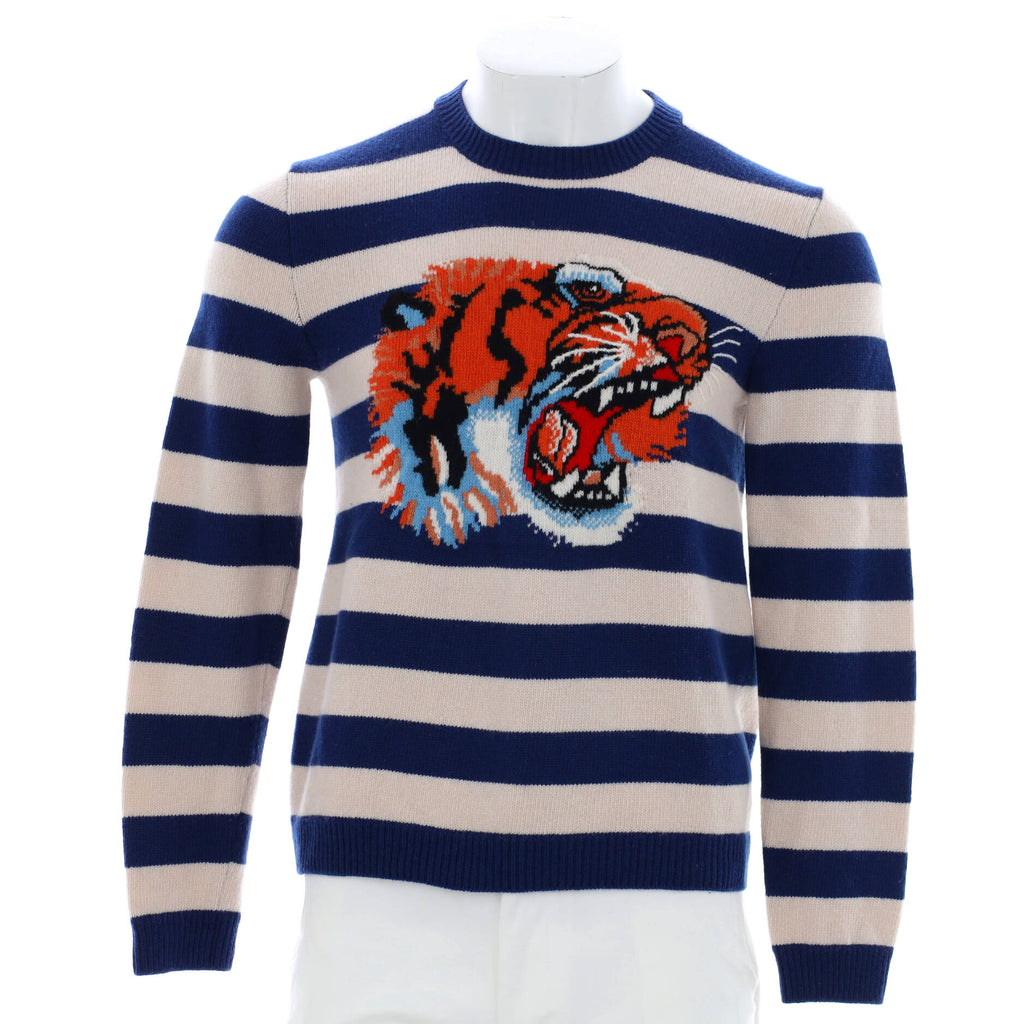 Gucci Tiger Intarsia Sweater - Blue Sweaters, Clothing - GUC299001