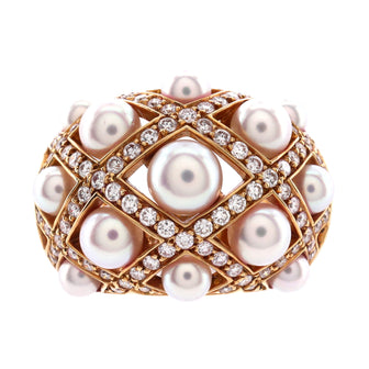 Chanel Perles Matelasse Ring 18K Yellow Gold with Cultured Pearls and Diamonds Medium