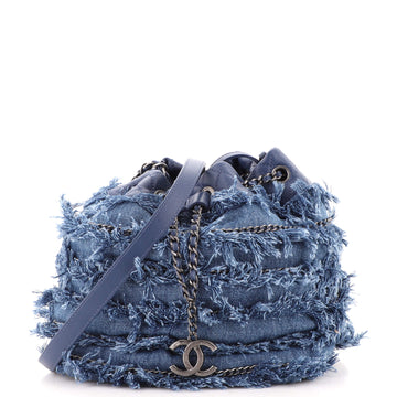 Chanel Drawstring Charm Bucket Bag Fringe Denim
