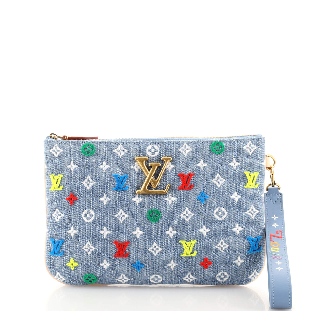 Louis Vuitton New Wave Zipped Pochette Monogram Embroidered Quilted Denim Blue