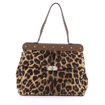 Valentino Rockstud Frame Handle Bag Calf Hair Large Brown 1844510