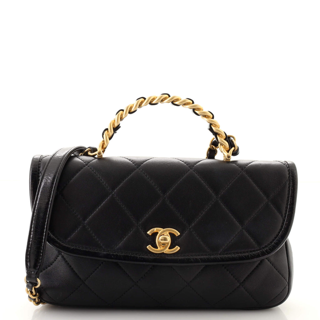 Chanel CC Links Top Handle Flap Bag Quilted Crumpled Lambskin Small Black  1848141