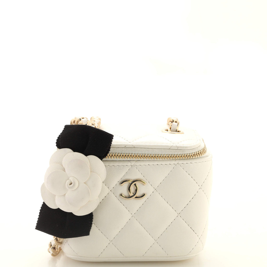 Chanel Camellia Bow Vanity Case with Chain Quilted Lambskin Mini White  1848592