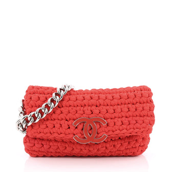 Chanel Fancy Crochet Flap Bag Fabric Small Red