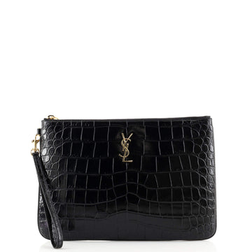 Saint Laurent Classic Monogram Tablet Wristlet Pouch Crocodile Embossed Leather
