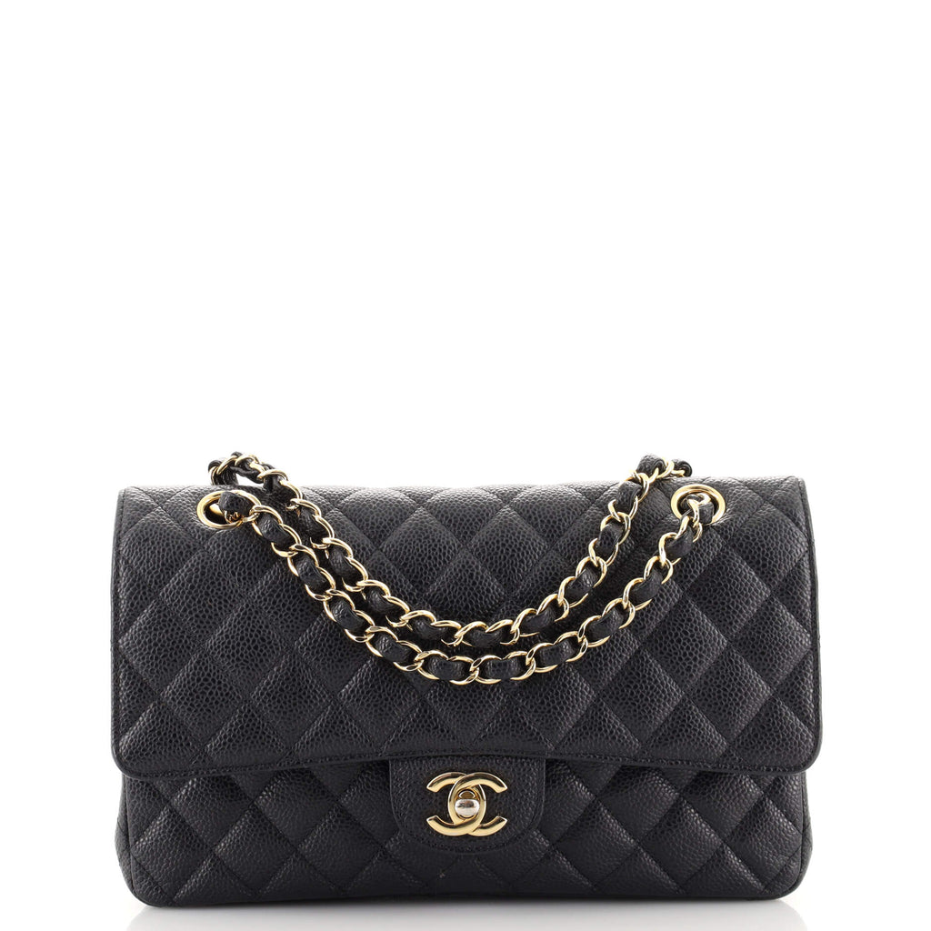 Small classic handbag, Grained calfskin & gold-tone metal, black — Fashion