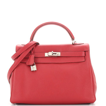 Hermes Kelly Handbag Red Clemence with Palladium Hardware 32
