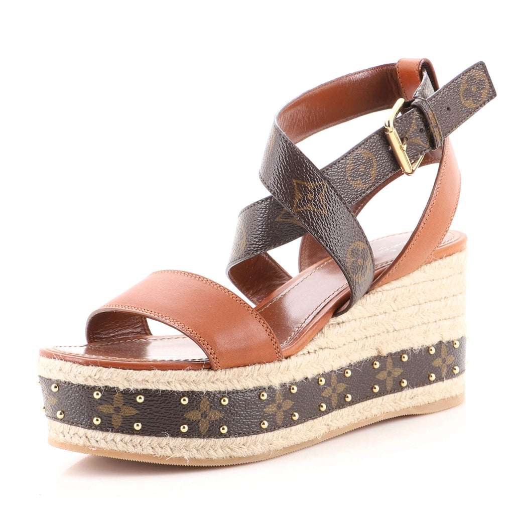 Boutique LOUIS VUITTOn Brown leather and beige espadrilles wedge