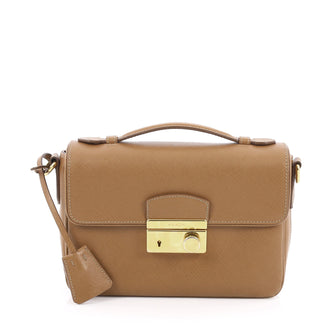 Prada Convertible Sound Bag Vernice Saffiano Leather Mini Brown