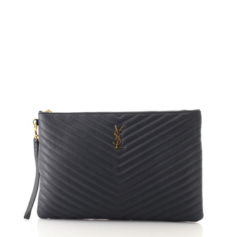 Saint Laurent Classic Monogram Wristlet Pouch Matelasse Chevron Leather Large