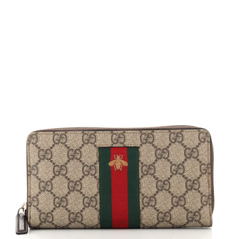 Gucci Bee Web Zip Around Wallet GG Coated Canvas