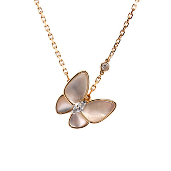 Van Cleef & Arpels Two Butterfly Pendant Necklace 18K Rose Gold with Mother of Pearl and Diamonds