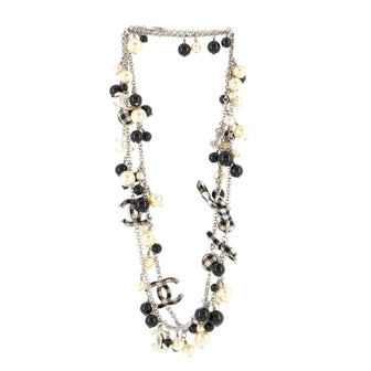 Chanel Gingham CC Long Necklace Metal and Resin with Faux Pearls and Beads