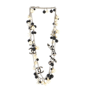 Chanel Gingham CC Long Necklace Metal and Resin with Faux Pearls and Beads