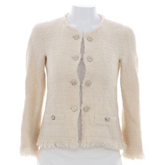 Chanel Women's Fringe Trim Collarless Boucle Jacket Tweed