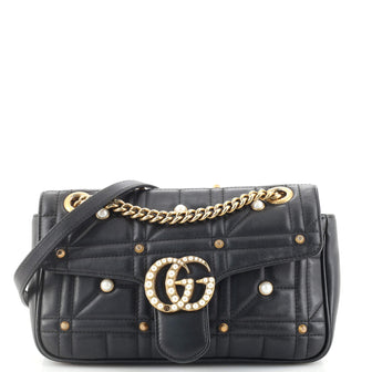 Gucci Pearly GG Marmont Flap Bag Embellished Matelasse Leather Small