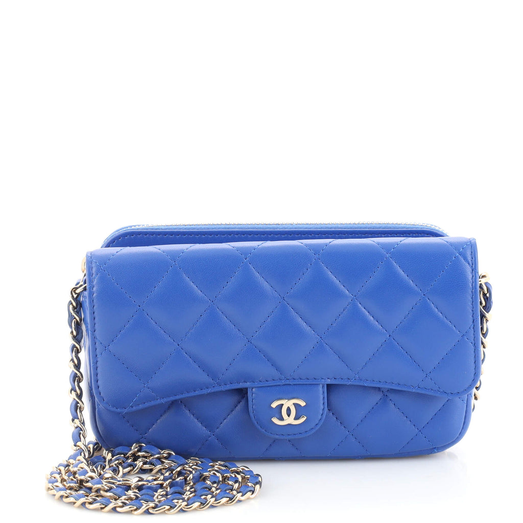 Chanel Classic Flap Phone Holder with Chain Quilted Lambskin Blue 1856111