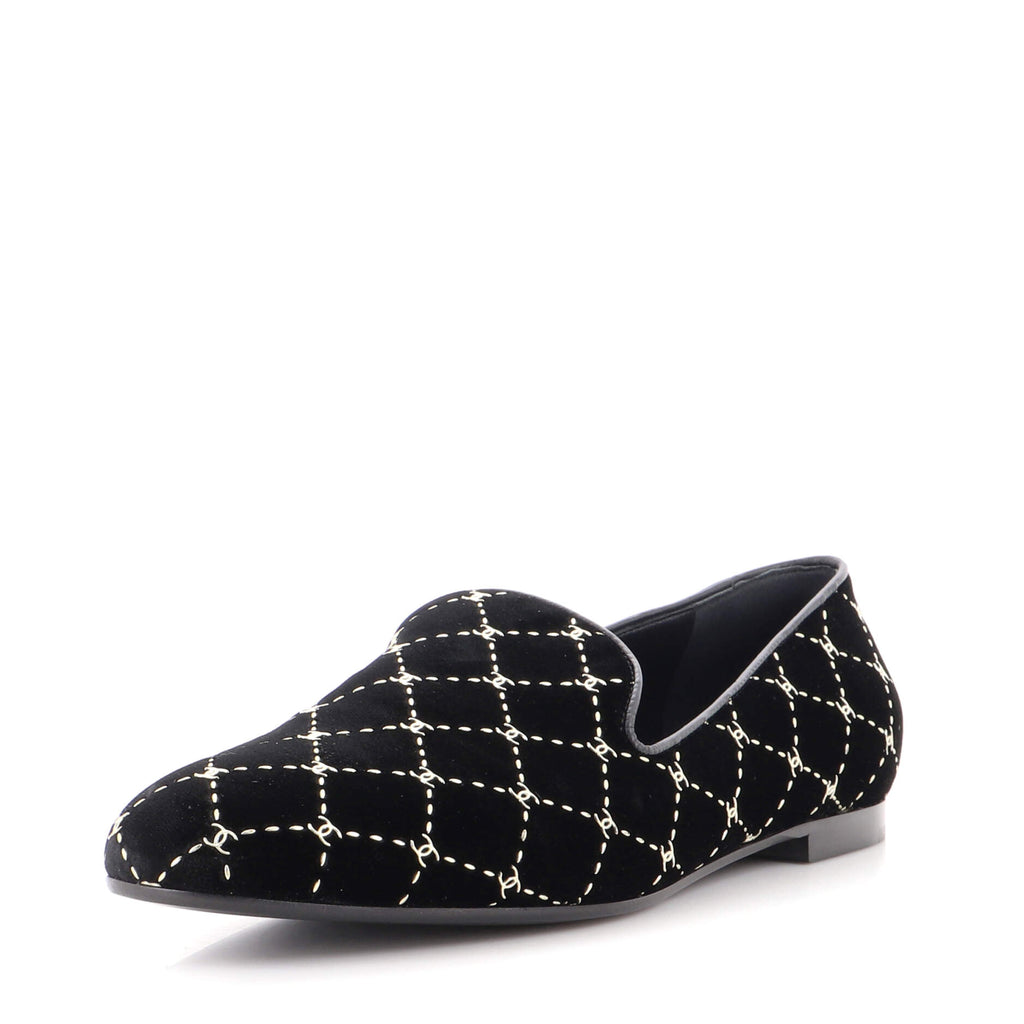 CHANEL Crinkled Calfskin Velvet CC Chain Mocassin Loafers 39.5 Black  1220444