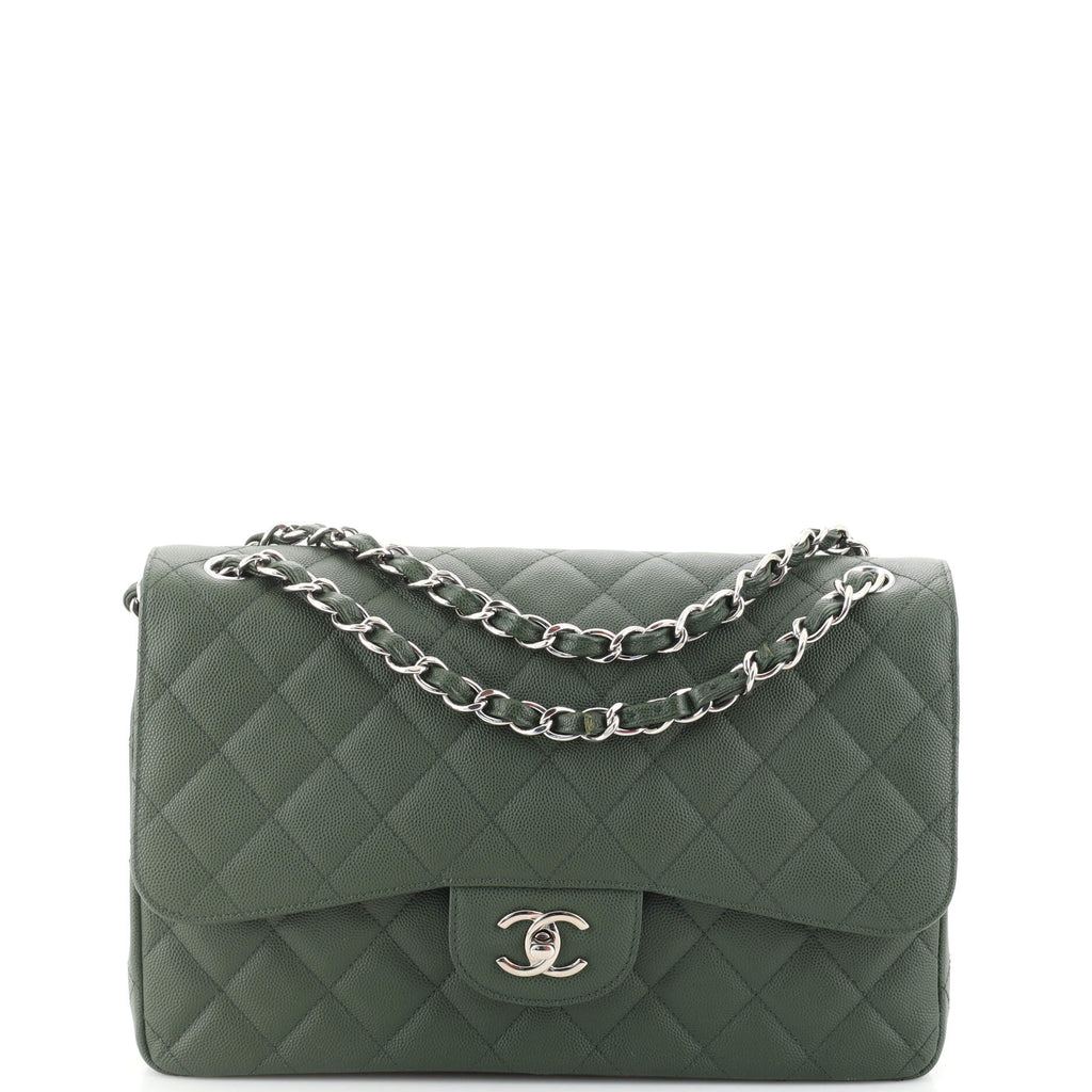 Timeless Chanel Jumbo classic lined flap bag Olive green Leather