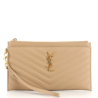 Saint Laurent Classic Monogram Zip Bill Pouch Matelasse Chevron Leather Large