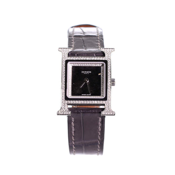Hermes Heure H Quartz Watch Stainless Steel and Alligator with Diamond Bezel and Diamond Obsidian Dial 21