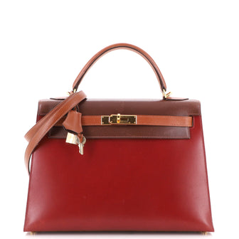 Hermes Kelly Handbag Tricolor Box Calf with Gold Hardware 32