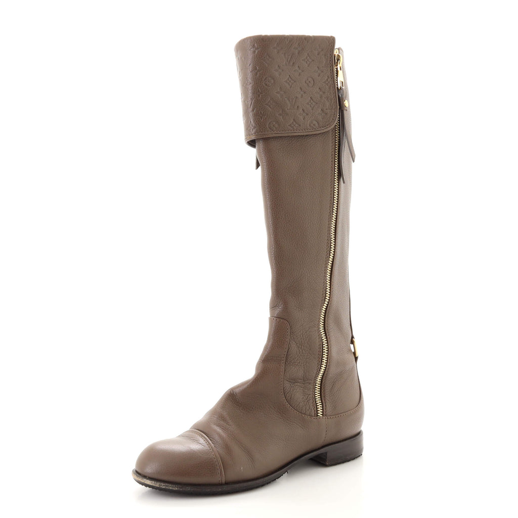 LOUIS VUITTON Taupe Leather Empreinte Monogram Knee High Boots Double Sided  Zip